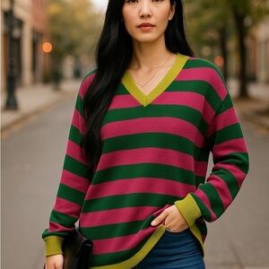 NWT Blooming Jelly Oversized V-Neck Sweater – Pink, Green & Yellow Trim – Large